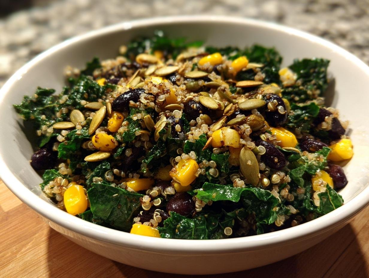 Close-up of the Ultimate Summer BBQ Chopped Kale Salad featuring kale, quinoa, corn, black beans, and pumpkin seeds.