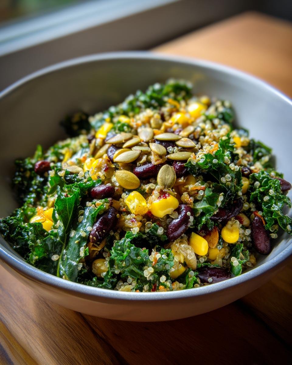 Close-up of the Ultimate Summer BBQ Chopped Kale Salad featuring kale, corn, kidney beans, and pumpkin seeds.