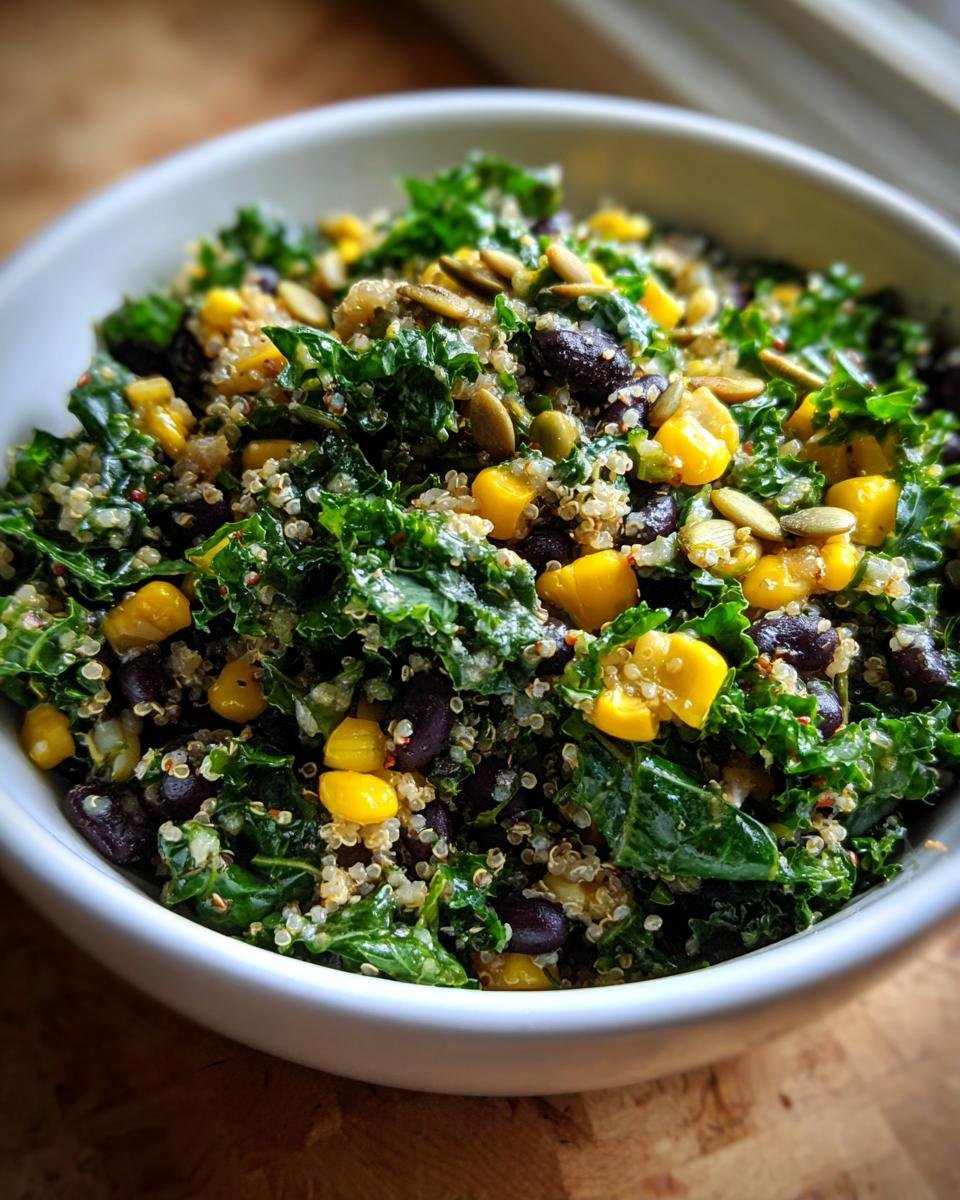 Close-up of Ultimate Summer BBQ Chopped Kale Salad featuring kale, corn, black beans, quinoa, and pumpkin seeds.
