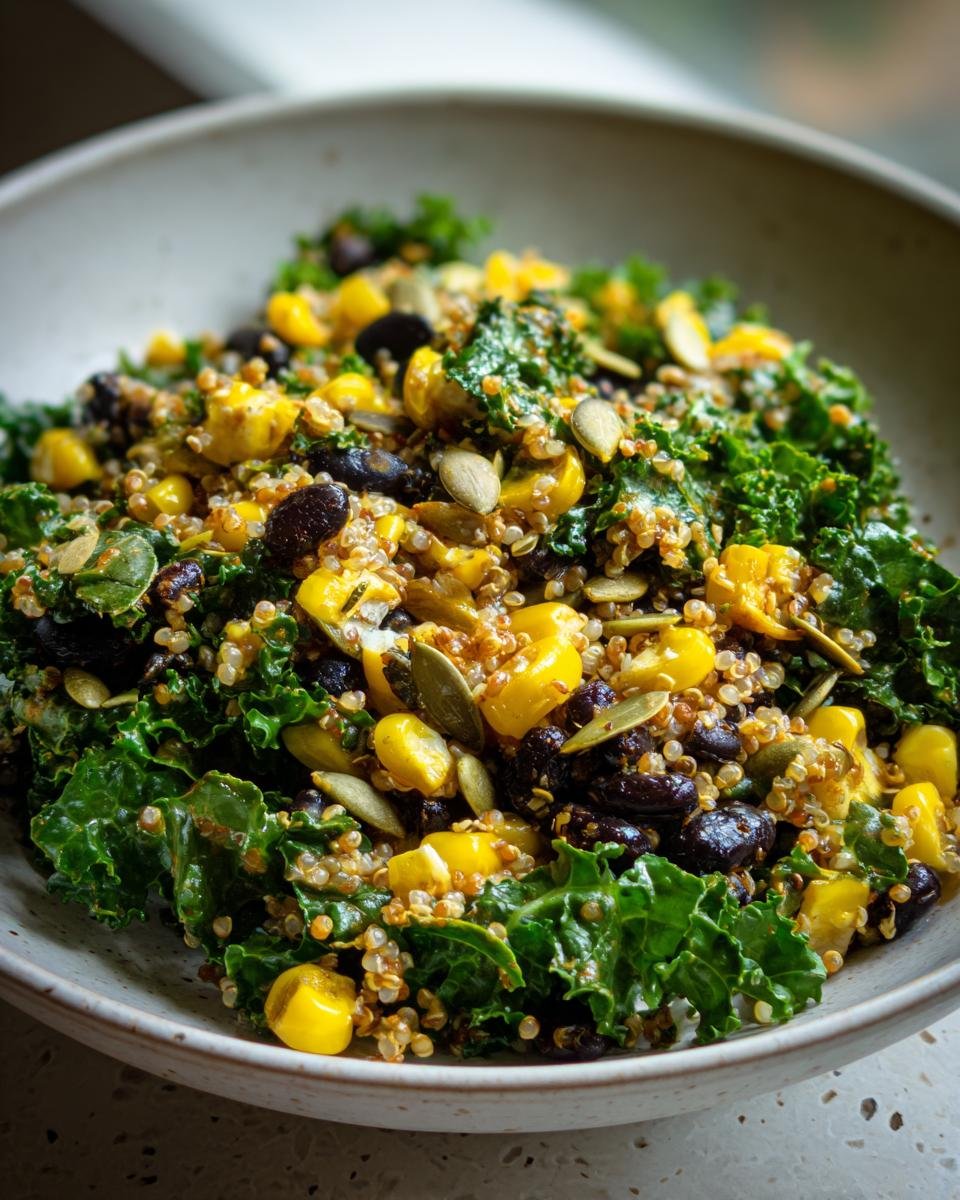Close-up of Ultimate Summer BBQ Chopped Kale Salad featuring kale, corn, black beans, quinoa, and pumpkin seeds.