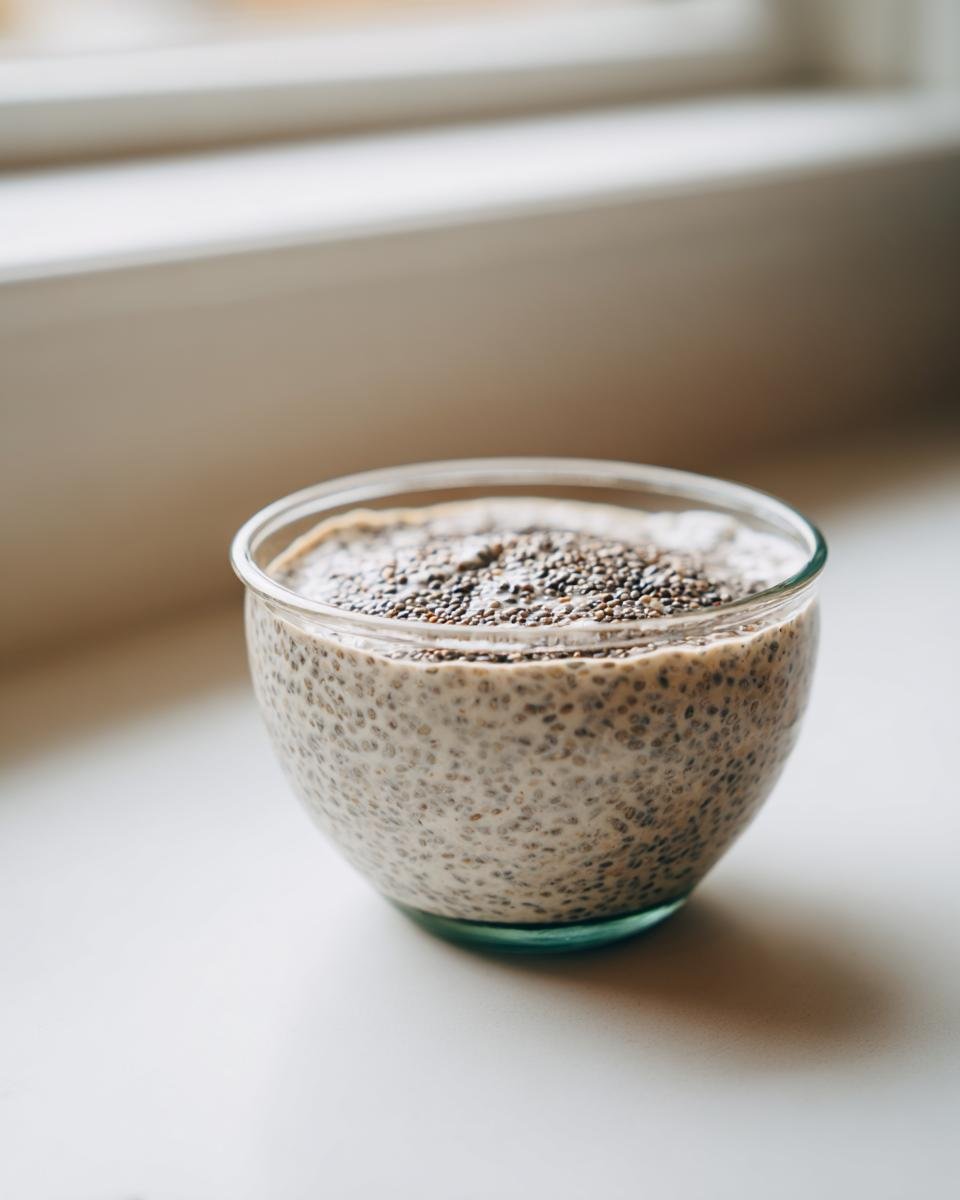 A glass bowl filled with creamy vanilla chia pudding, topped with dry chia seeds, sitting on a white surface near a window.