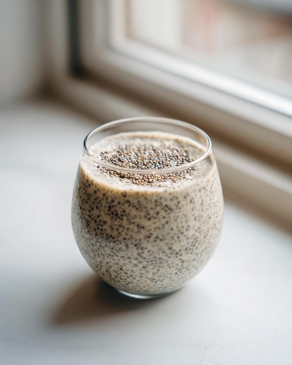 A glass of creamy Vanilla Chia Pudding topped with dry chia seeds, sitting on a white surface near a window.