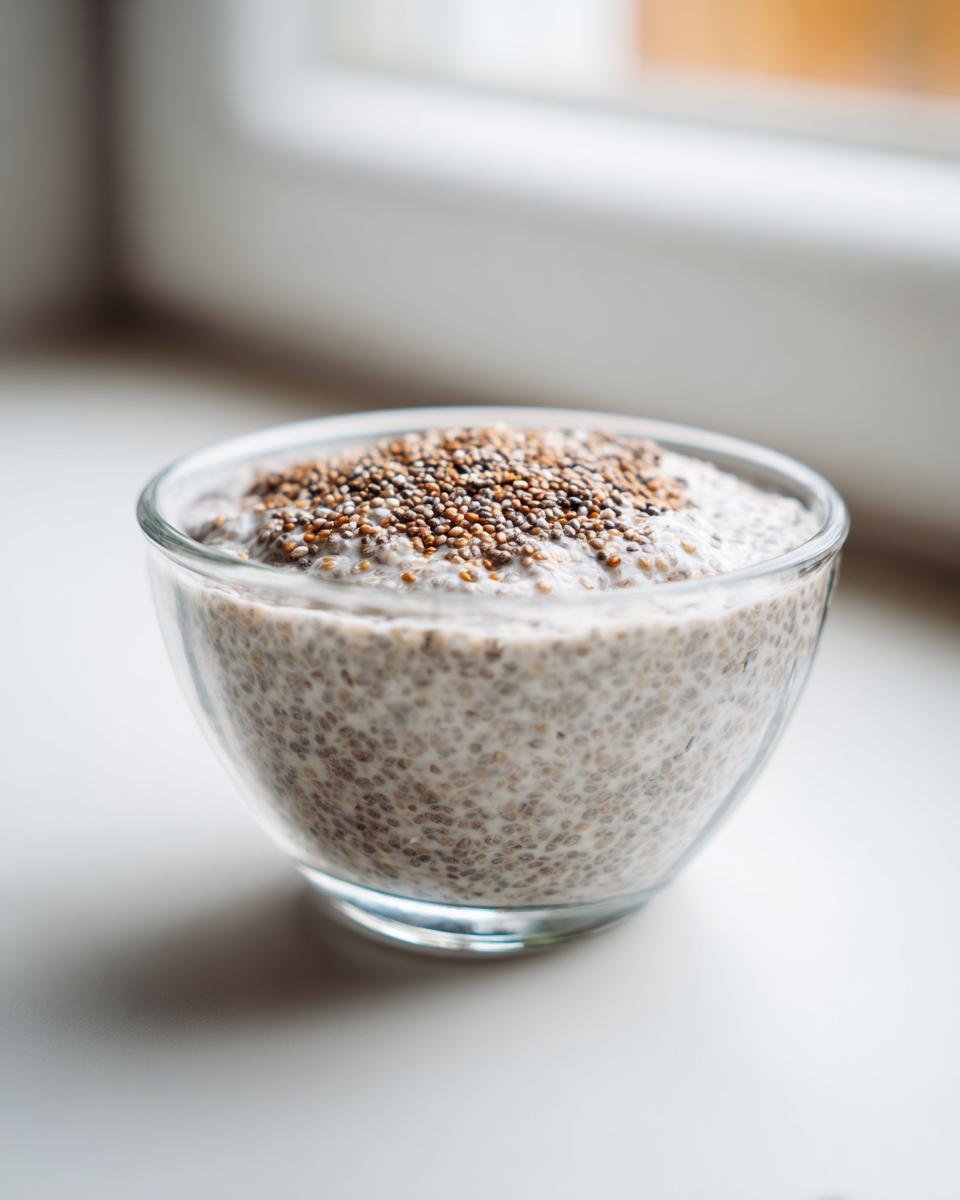 Close-up of creamy vanilla chia pudding in a clear glass bowl, topped with extra chia seeds.