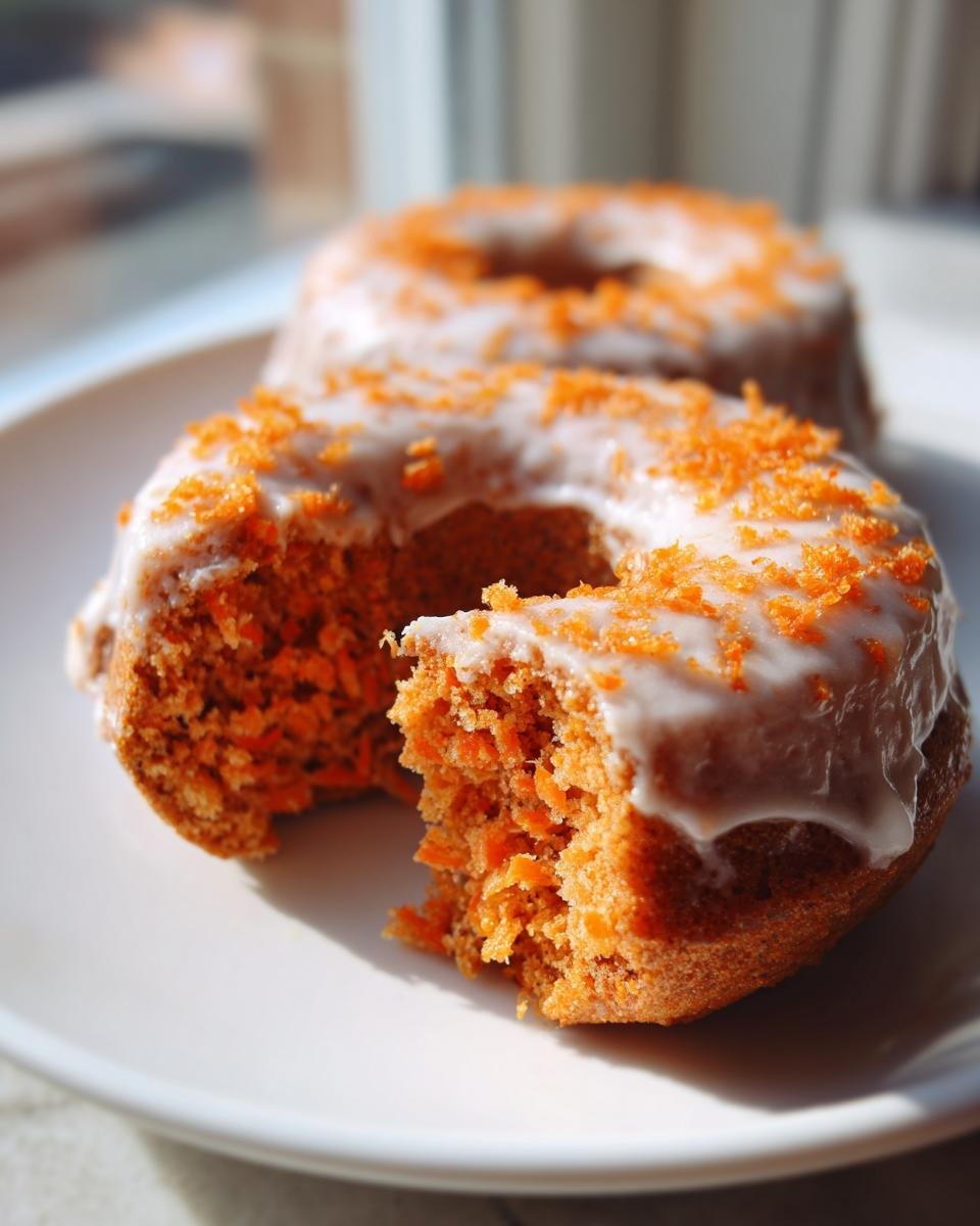 A close-up of a Vegan Carrot Cake Olive Oil Donut with a bite taken out, showing the moist interior and white glaze topped with shredded carrot.
