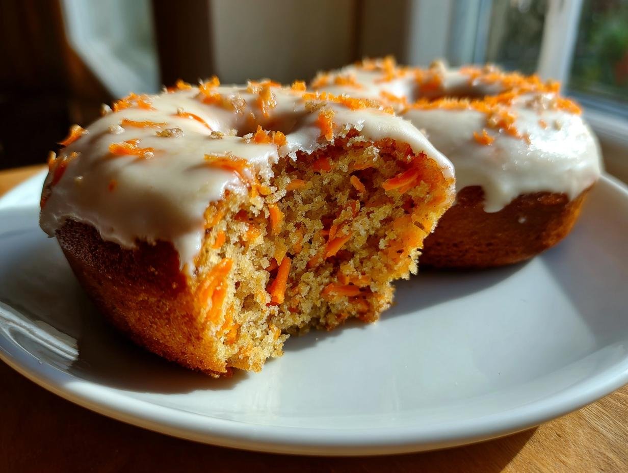 Close-up of a Vegan Carrot Cake Olive Oil Donut with a bite taken out, showing moist interior and cream cheese frosting.