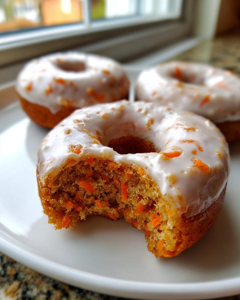 A close-up of a Vegan Carrot Cake Olive Oil Donut with a bite taken out, showing shredded carrots inside and a white glaze.