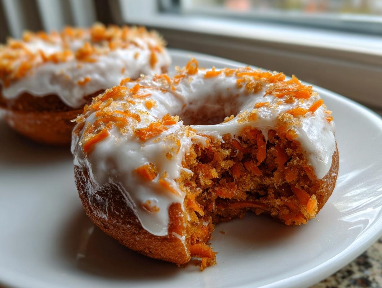 Close-up of a Vegan Carrot Cake Olive Oil Donut with a bite taken out, showing shredded carrots inside and white glaze.