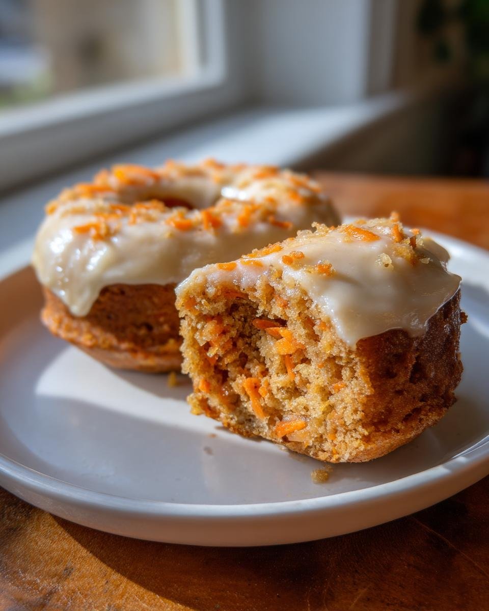 Close-up of a Vegan Carrot Cake Olive Oil Donut, one piece bitten to show moist interior with shredded carrots.