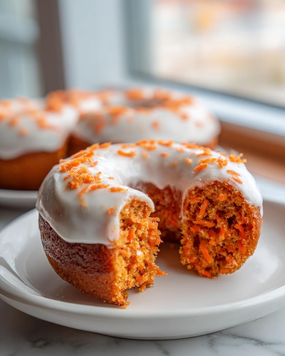 A Vegan Carrot Cake Olive Oil Donut, broken in half, showing shredded carrots inside, topped with white glaze and carrot sprinkles.
