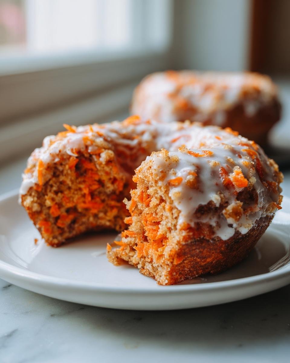 Close-up of a Vegan Carrot Cake Olive Oil Donut broken in half showing shredded carrots inside, topped with white glaze.