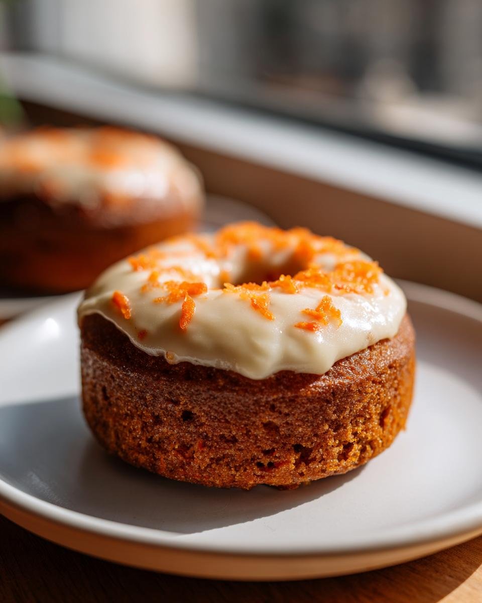 A close-up of a moist Vegan Carrot Cake Olive Oil Donut topped with white frosting and shredded carrots.