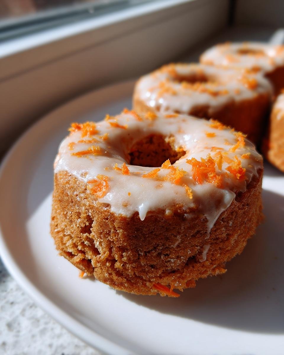 Close-up of a freshly baked Vegan Carrot Cake Olive Oil Donut with white glaze and orange zest.