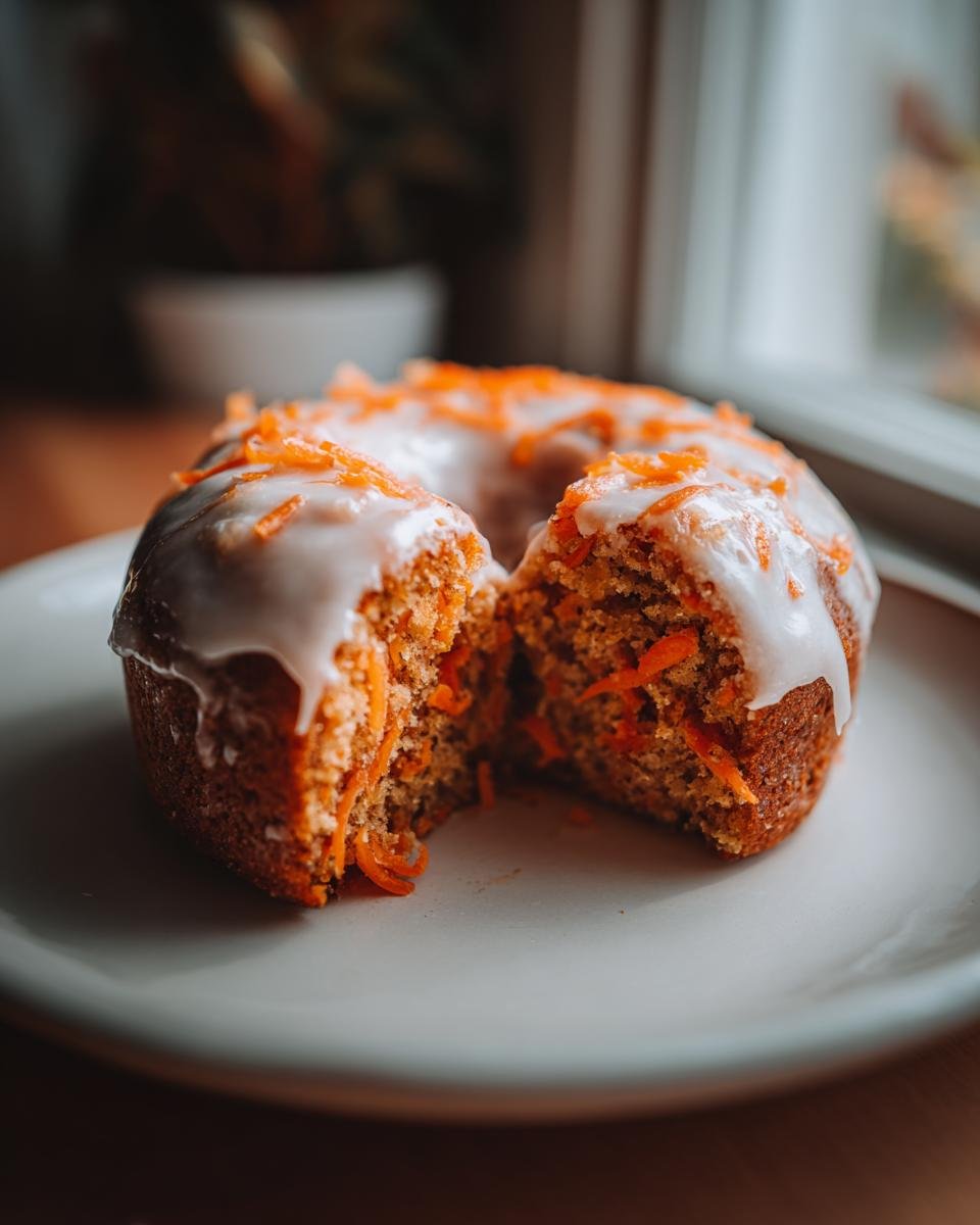 A close-up of a Vegan Carrot Cake Olive Oil Donut, broken in half, showing moist interior and white glaze with carrot shreds.