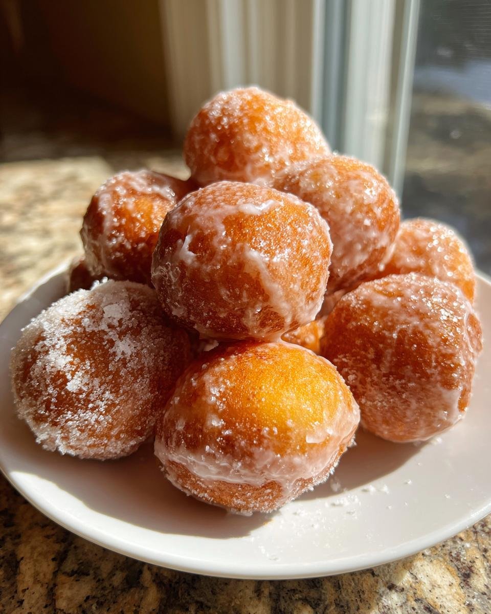 A close-up of several golden-brown Vegan Glazed Donut Holes piled high on a white plate, sparkling with glaze and powdered sugar.