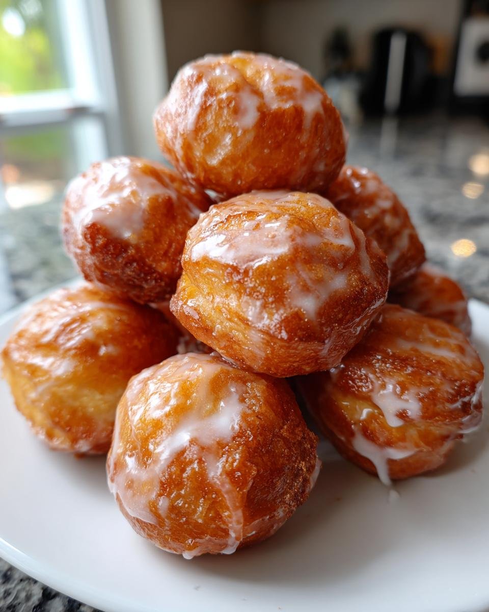 A close-up stack of golden-brown, freshly fried Vegan Glazed Donut Holes piled on a white plate.