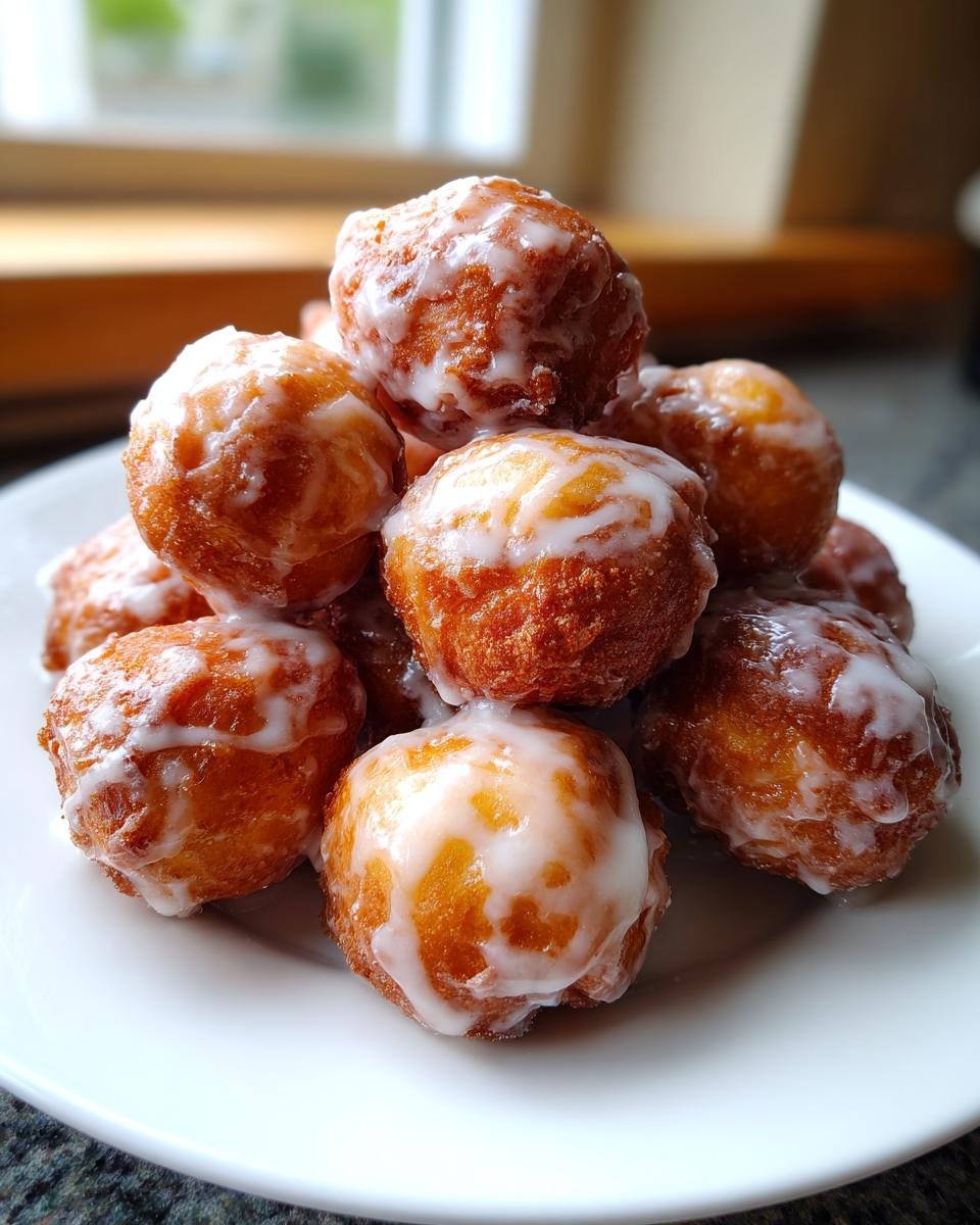 A close-up stack of golden-brown Vegan Glazed Donut Holes piled high on a white plate.
