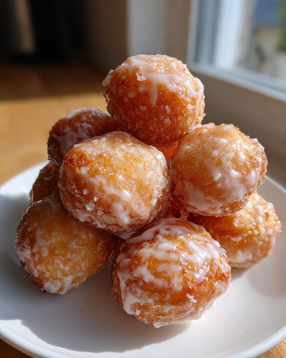 A close-up stack of golden brown Vegan Glazed Donut Holes piled high on a white plate.