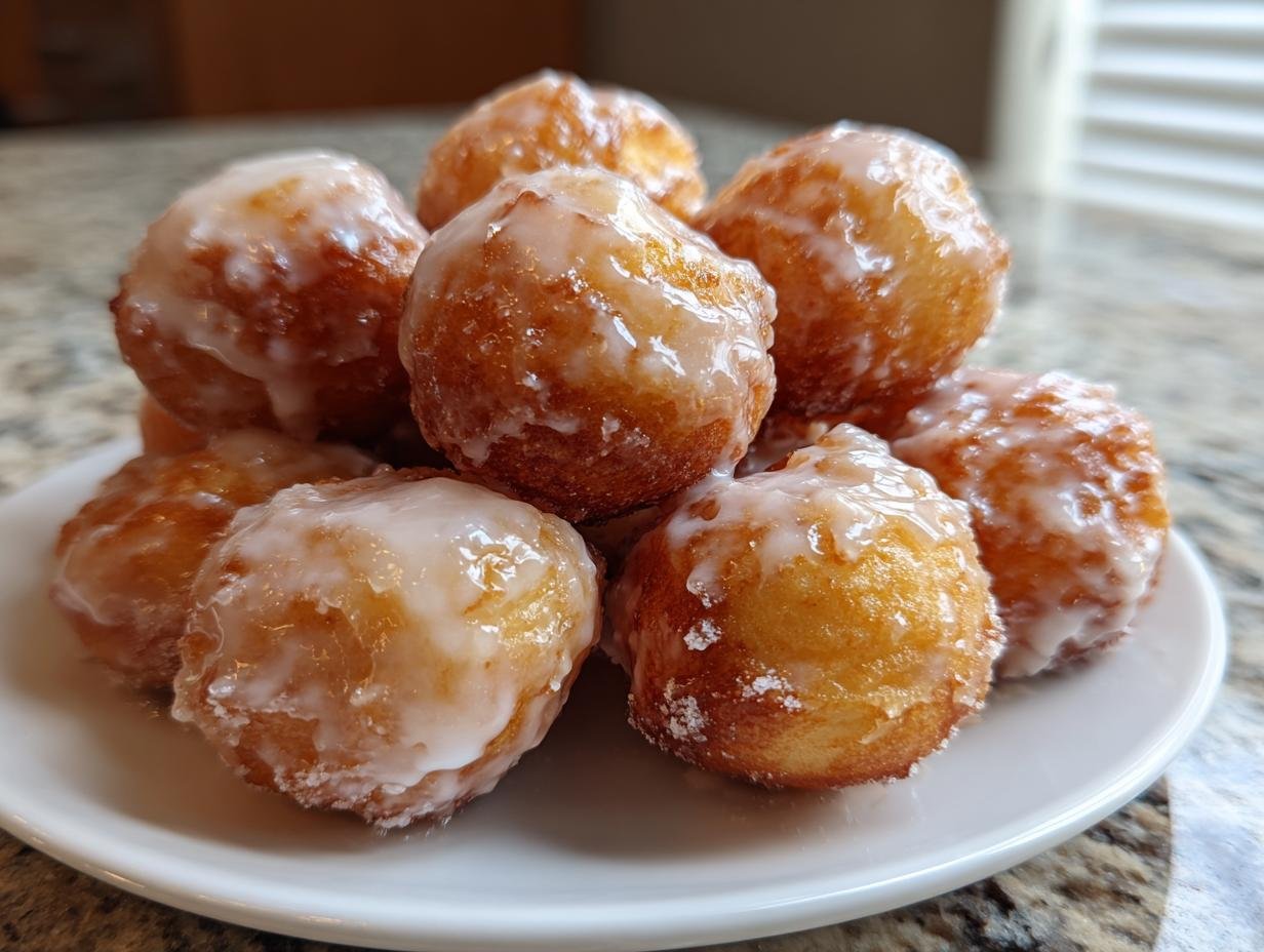 Close-up of golden-brown Vegan Glazed Donut Holes piled high on a small white plate.