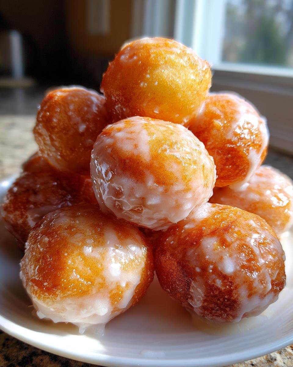 A close-up stack of golden-brown Vegan Glazed Donut Holes glistening with white icing.