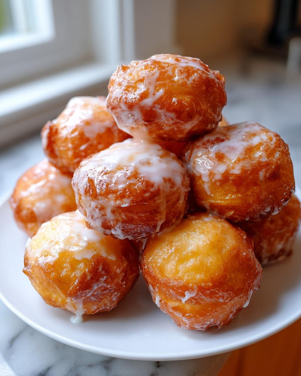 A close-up stack of golden-brown Vegan Glazed Donut Holes drizzled with white icing on a white plate.