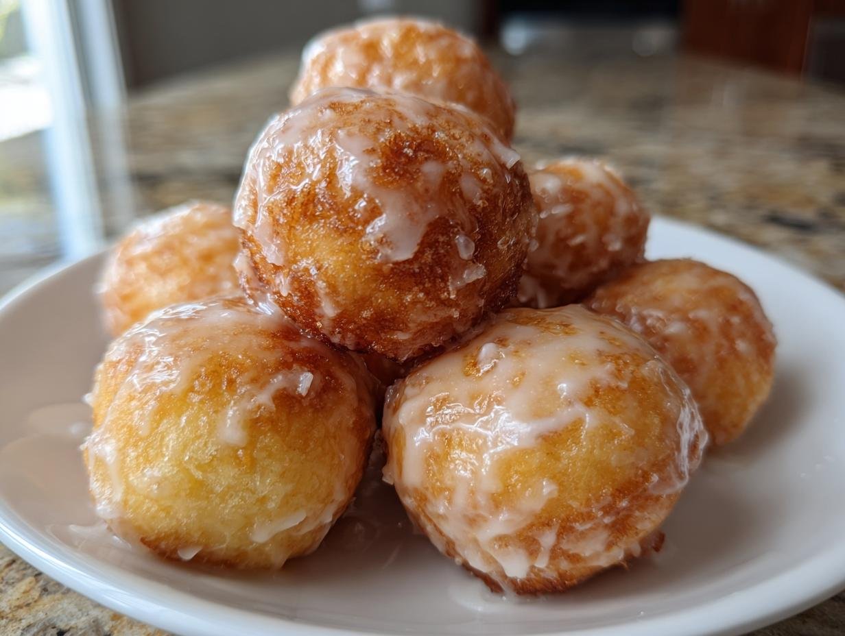 A close-up stack of golden brown Vegan Glazed Donut Holes piled high on a white plate.