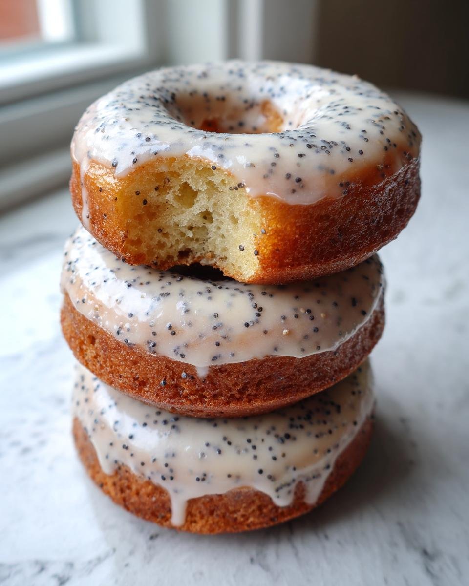 A stack of three delicious Vegan Lemon Poppy Seed Donuts topped with a thick, speckled lemon glaze.