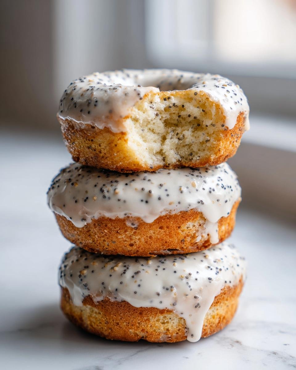 A stack of three Vegan Lemon Poppy Seed Donuts, topped with a thick, dripping lemon glaze speckled with poppy seeds.