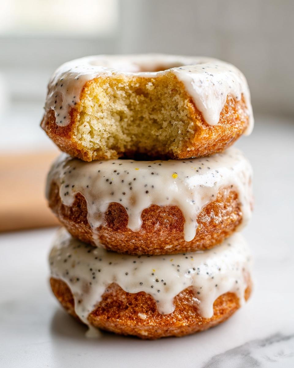 A stack of three Vegan Lemon Poppy Seed Donuts, topped with a thick lemon glaze dotted with poppy seeds. The top donut has a bite taken out.