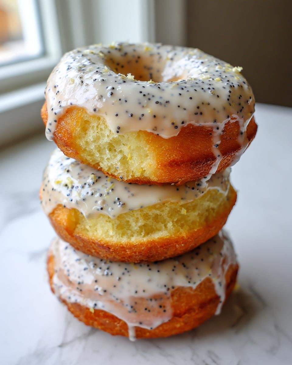 Three stacked Vegan Lemon Poppy Seed Donuts covered in a thick, white glaze speckled with poppy seeds and lemon zest.