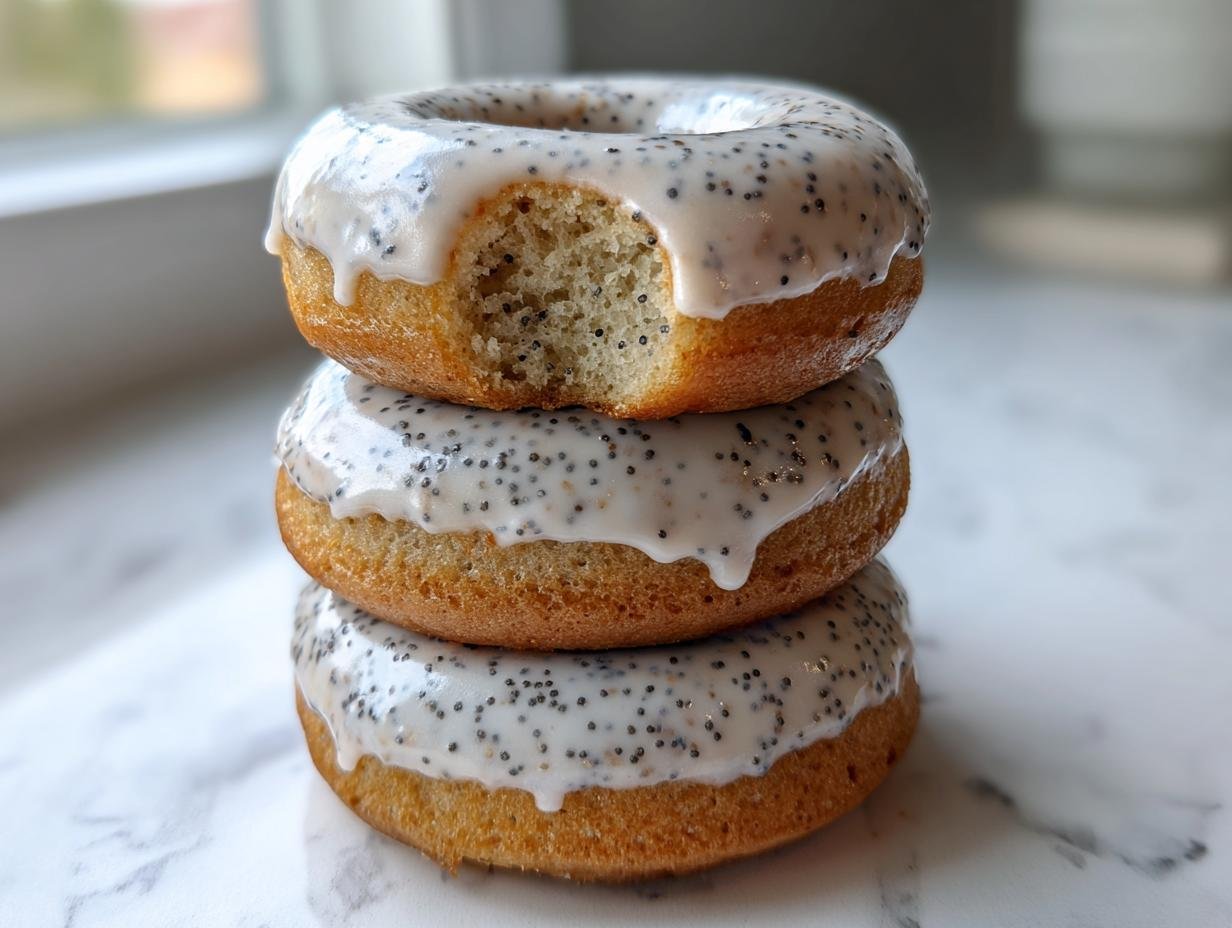 A stack of three Vegan Lemon Poppy Seed Donuts, topped with a thick, white lemon glaze speckled with poppy seeds.