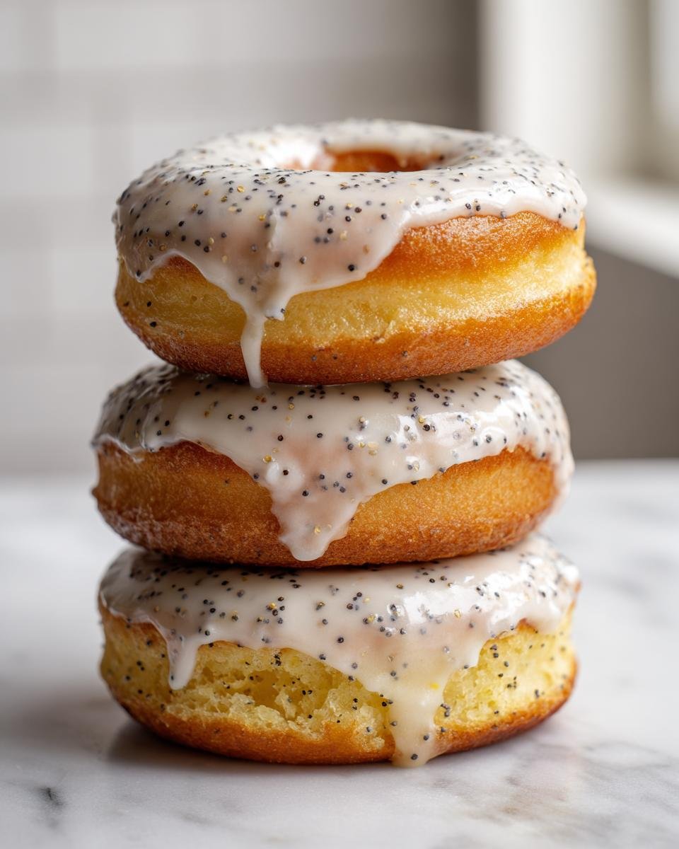 Three Vegan Lemon Poppy Seed Donuts stacked, topped with a thick lemon glaze speckled with poppy seeds.