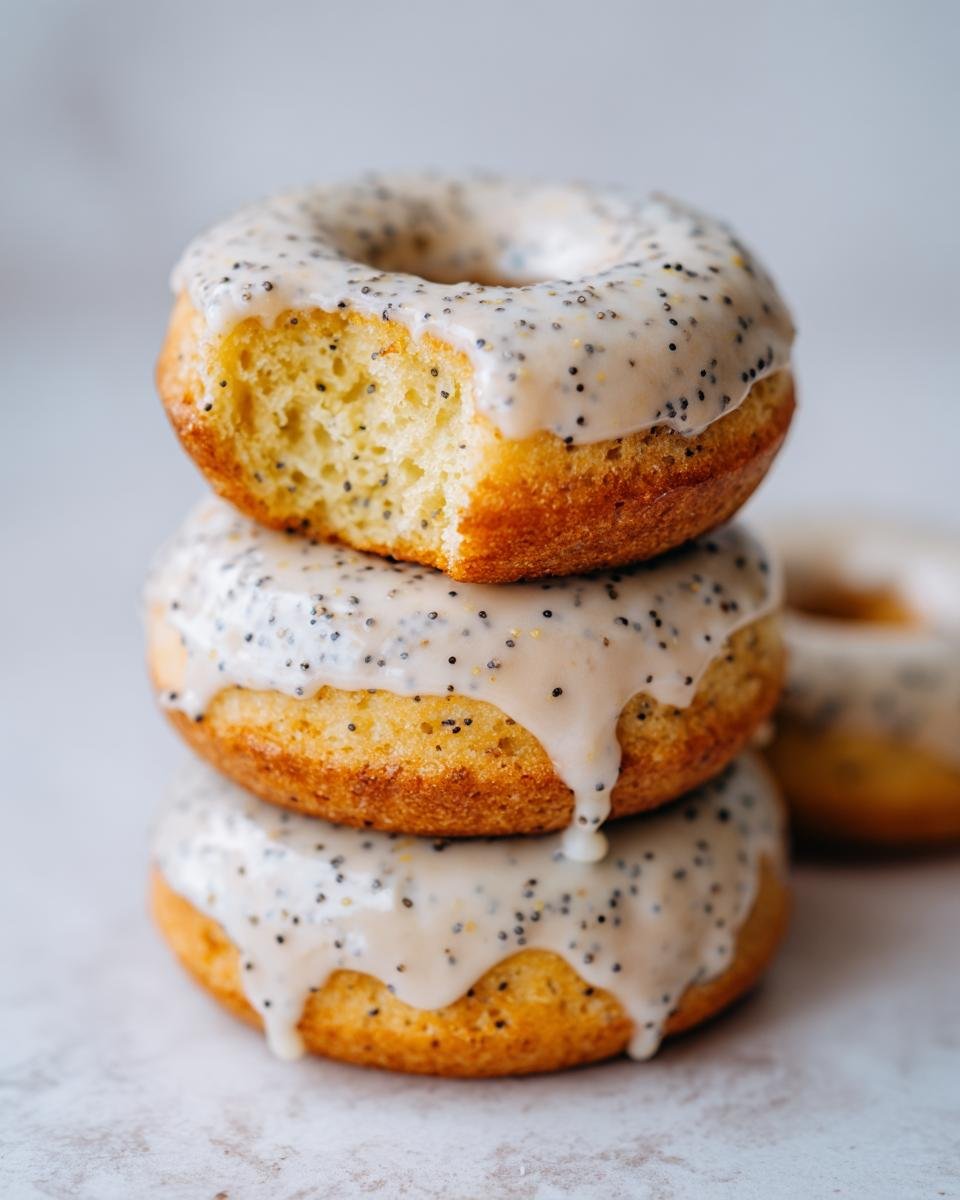 A stack of three Vegan Lemon Poppy Seed Donuts topped with a thick, dripping lemon glaze speckled with poppy seeds.