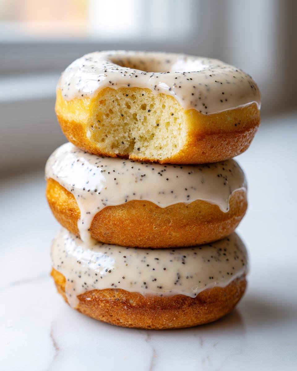A stack of three Vegan Lemon Poppy Seed Donuts, topped with a thick, speckled lemon glaze. One donut has a bite taken out.