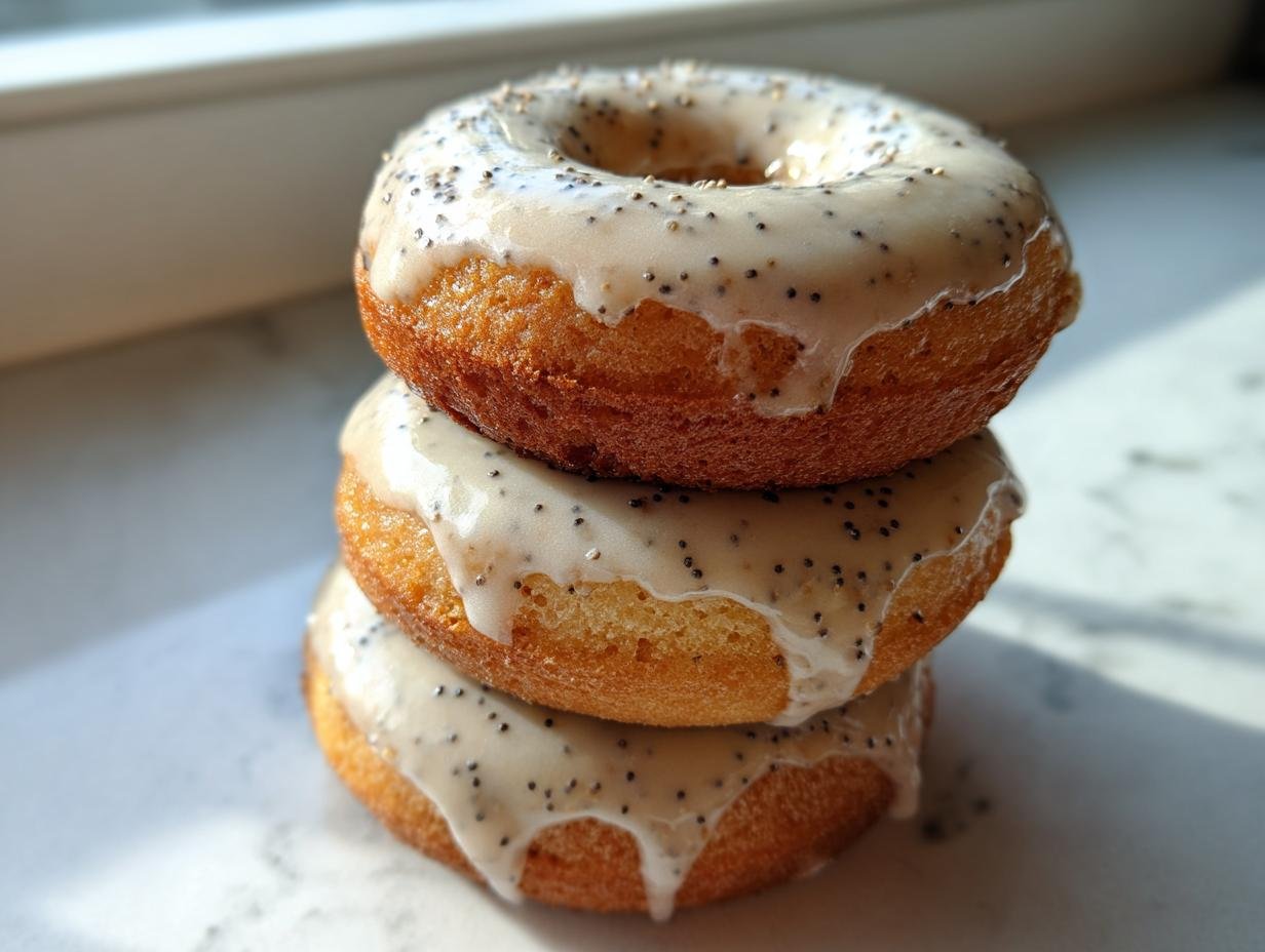 A stack of three golden-brown Vegan Lemon Poppy Seed Donuts topped with a thick, speckled lemon glaze.