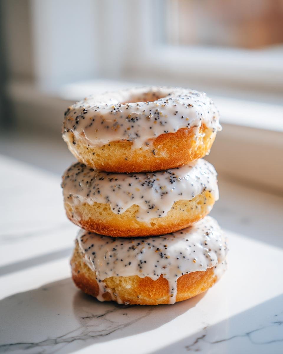 Three Vegan Lemon Poppy Seed Donuts stacked vertically, covered in a thick white glaze speckled with poppy seeds.