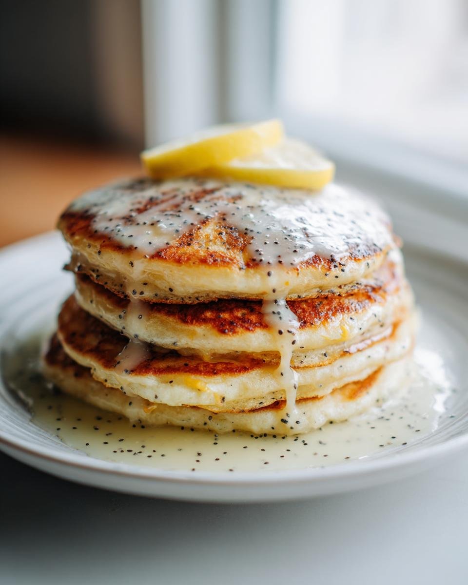 A stack of fluffy Vegan Lemon Poppyseed Pancakes drizzled with a lemon glaze and topped with lemon slices.