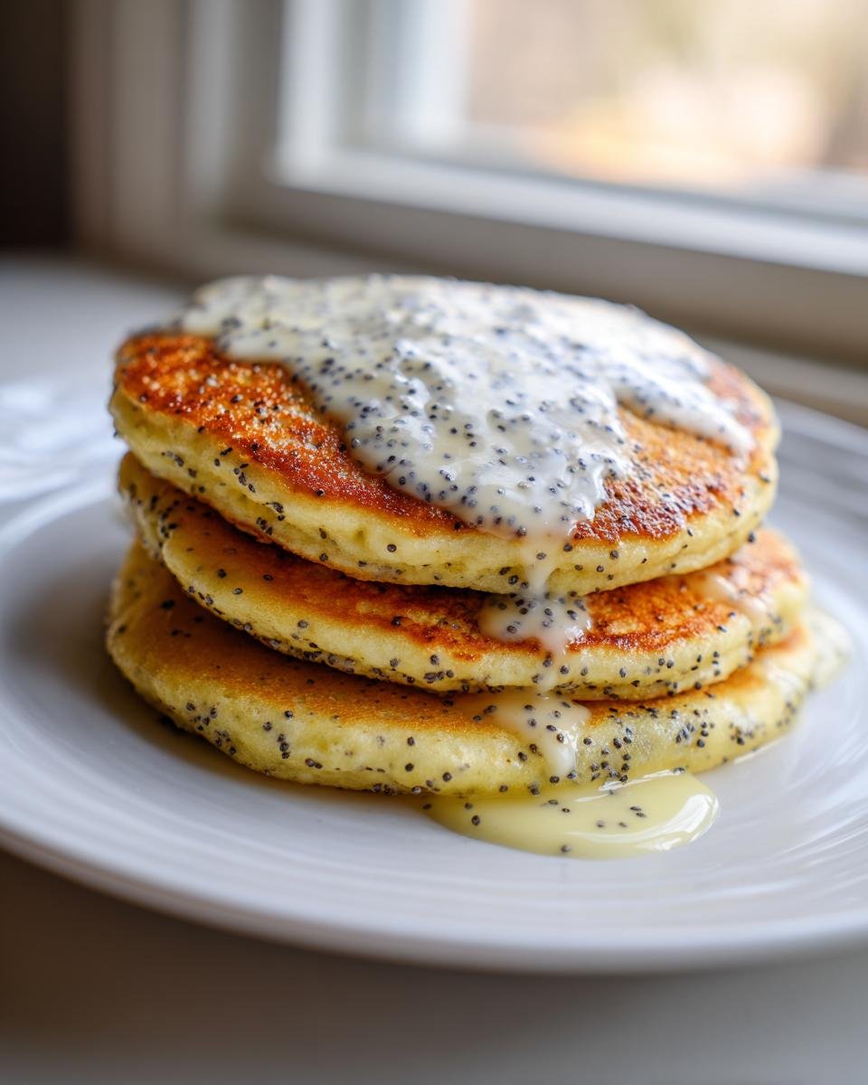 A stack of three golden Vegan Lemon Poppyseed Pancakes topped with a thick, creamy glaze dotted with poppyseeds.