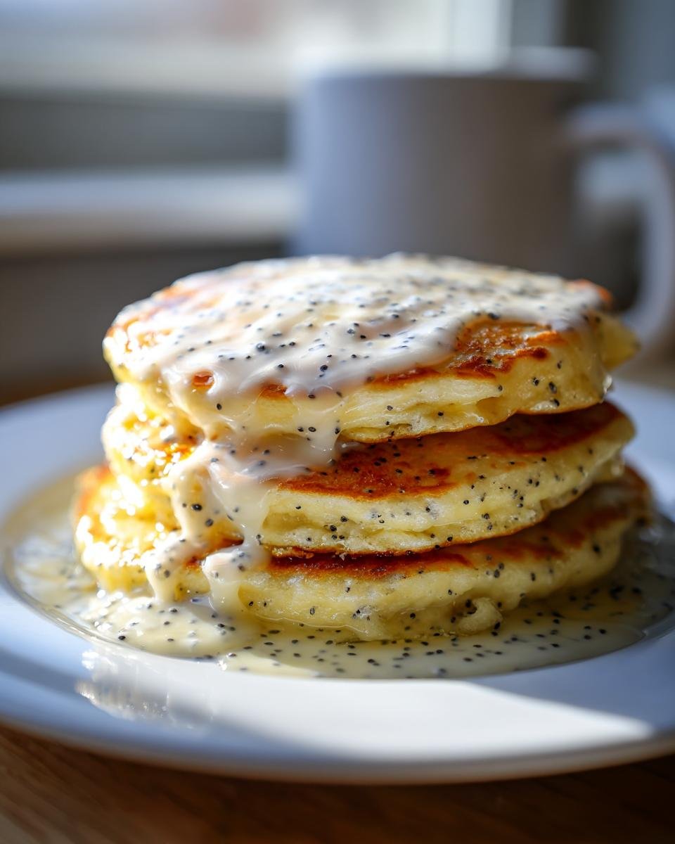 A stack of three golden Vegan Lemon Poppyseed Pancakes generously topped with a thick, creamy lemon glaze dotted with poppy seeds.