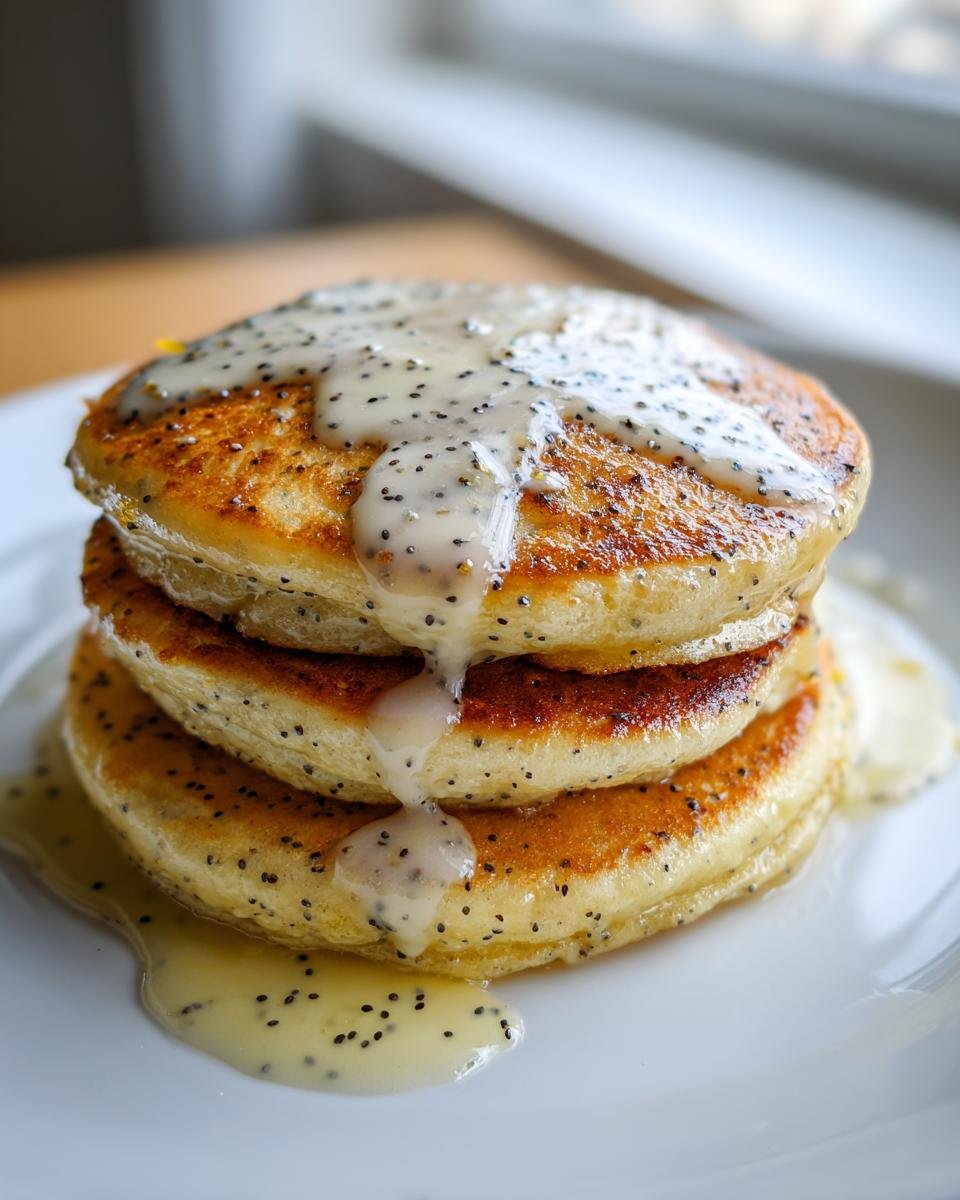 A stack of three golden Vegan Lemon Poppyseed Pancakes drizzled with a thick, poppyseed-flecked lemon glaze.