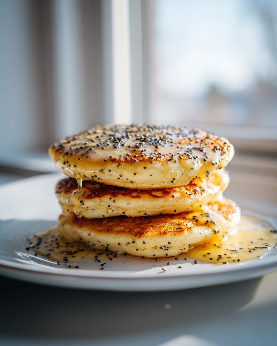 A stack of three golden Vegan Lemon Poppyseed Pancakes drizzled with a lemon glaze and topped with poppy seeds.