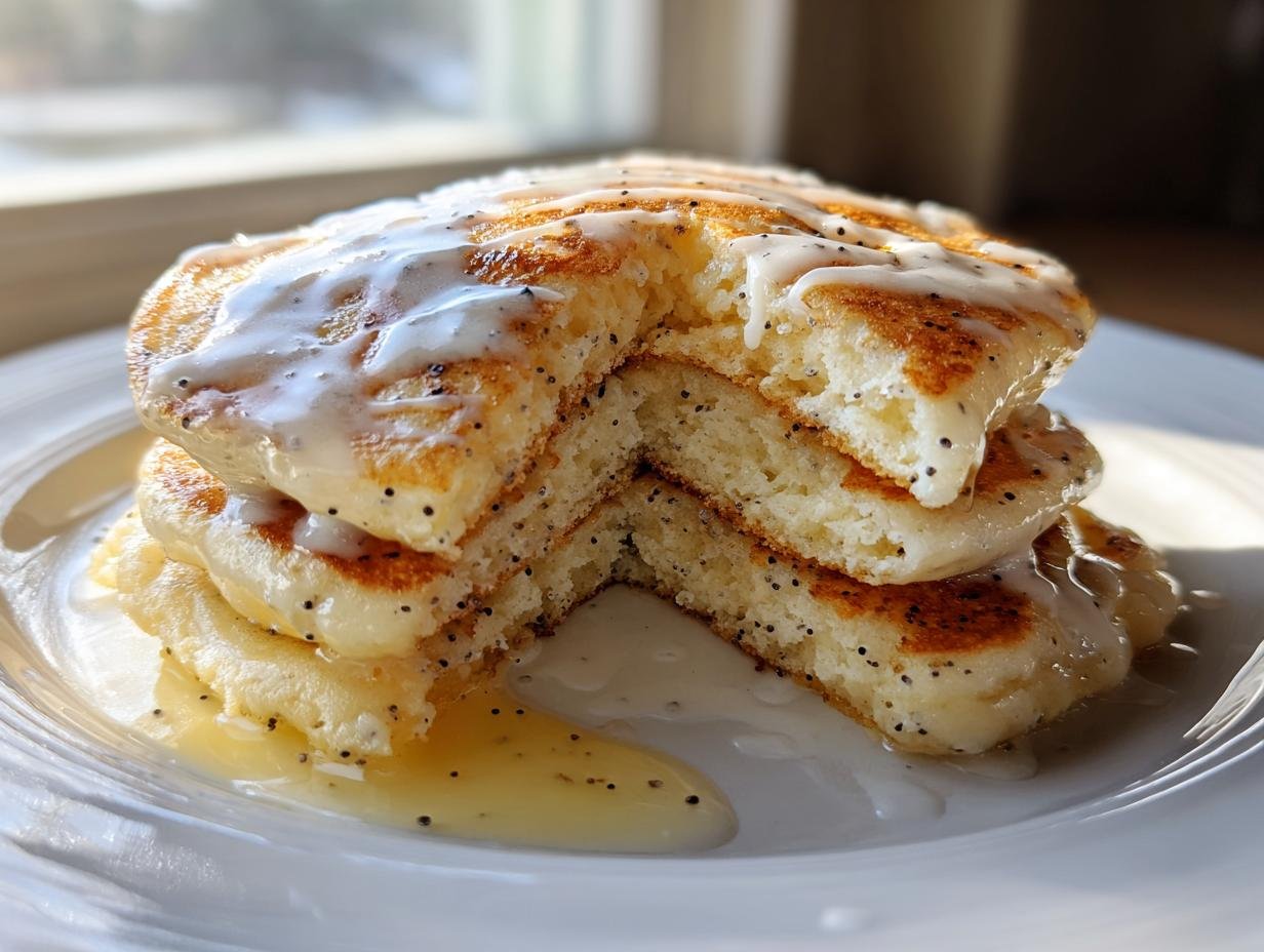 A stack of fluffy Vegan Lemon Poppyseed Pancakes cut open, drizzled with lemon glaze.