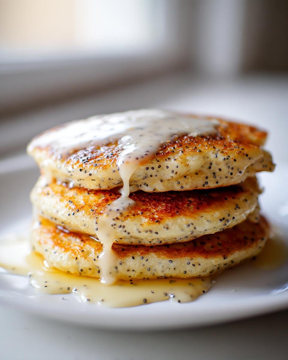 A stack of three golden Vegan Lemon Poppyseed Pancakes topped with a thick, dripping lemon glaze.
