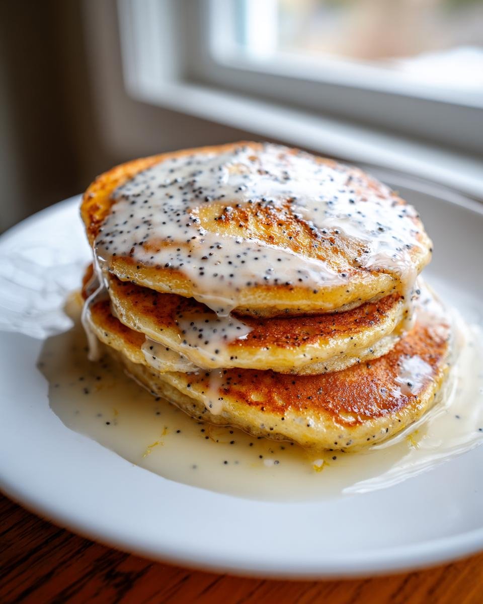 A stack of three golden Vegan Lemon Poppyseed Pancakes topped with a thick, creamy lemon glaze dotted with poppy seeds.
