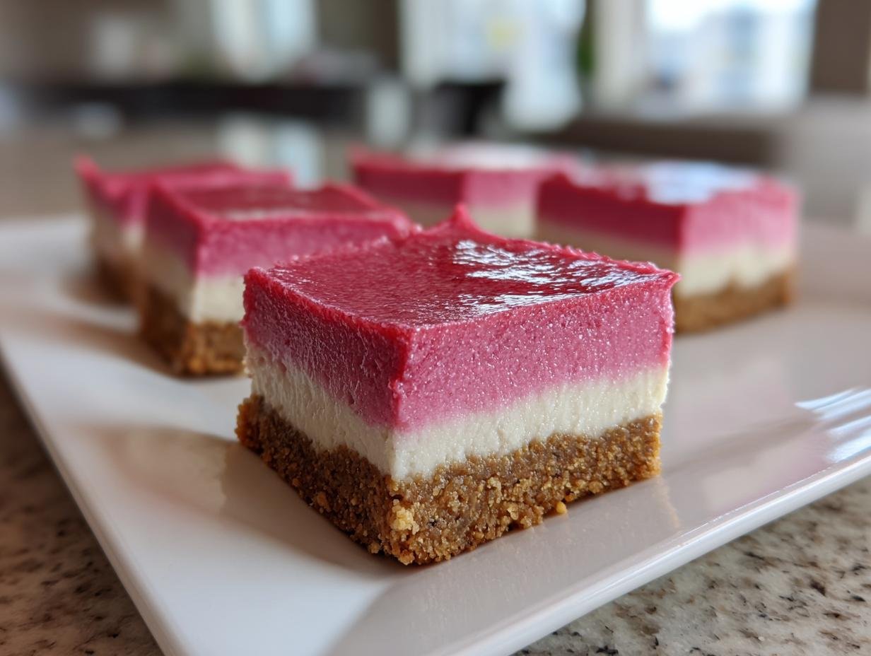 A close-up of a square Vegan Strawberry Cheesecake Bars slice showing three distinct layers: a brown crust, a white filling, and a bright pink strawberry topping.