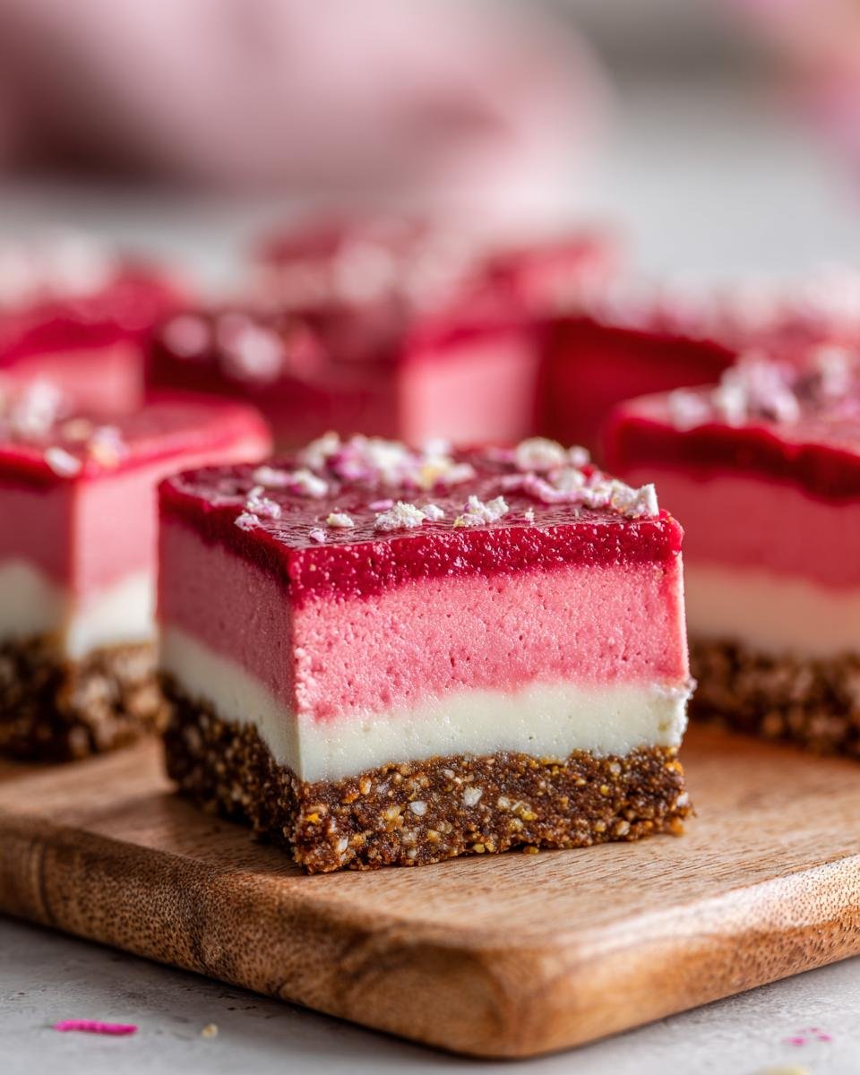 A close-up of one square Vegan Strawberry Cheesecake Bars slice showing three distinct layers on a wooden board.