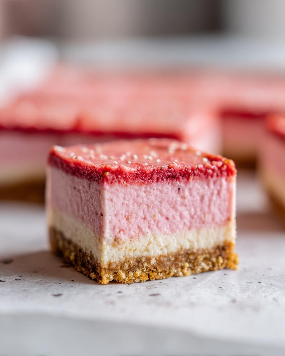 A single square of layered Vegan Strawberry Cheesecake Bars showing a graham cracker crust, white layer, pink layer, and strawberry topping.