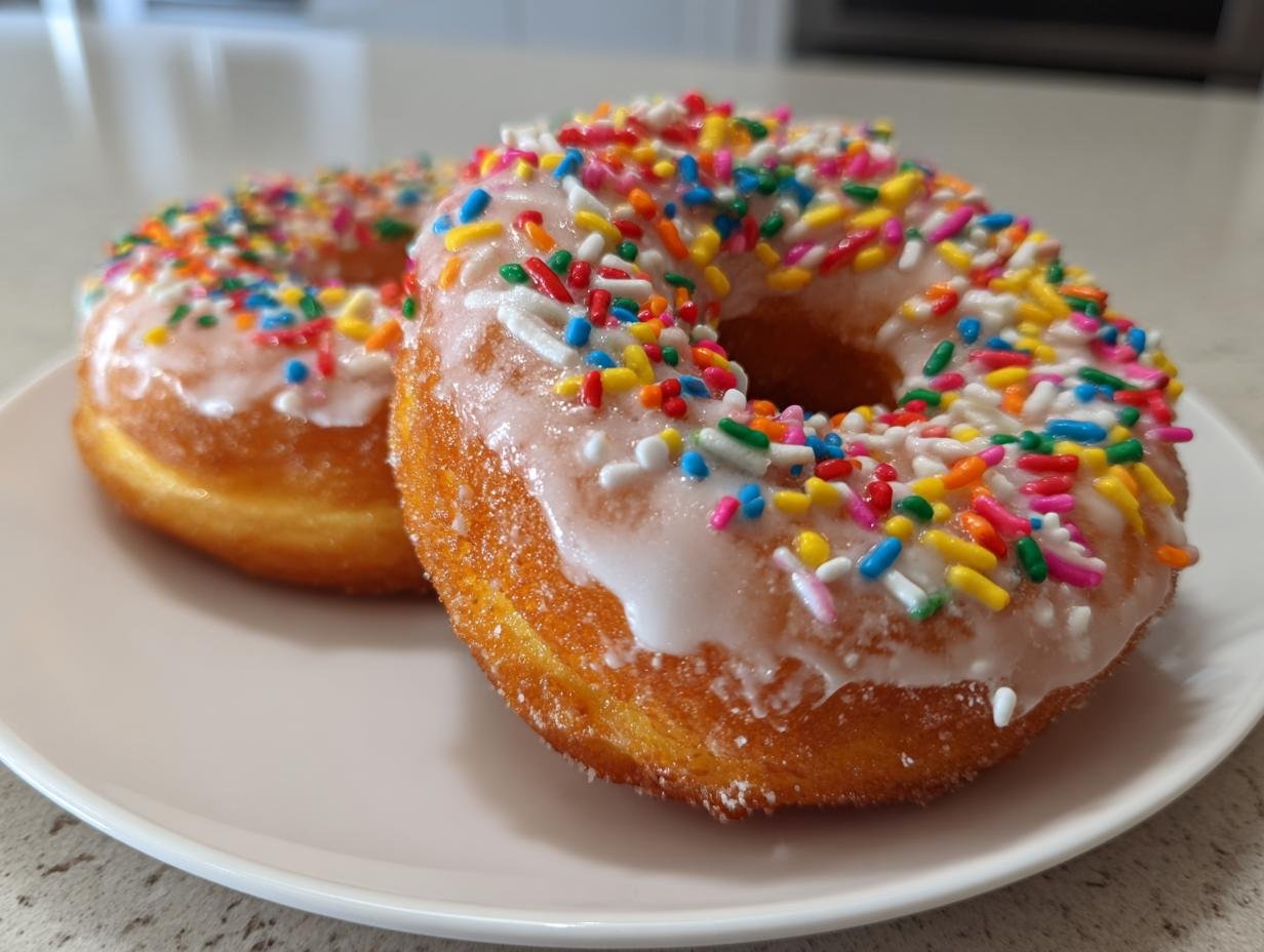 Close-up of two fluffy Vegan Vanilla Donuts With Sprinkles, topped with white glaze, resting on a light pink plate.