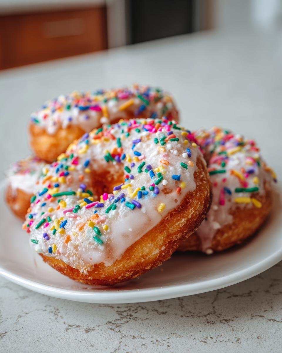 A stack of delicious Vegan Vanilla Donuts With Sprinkles piled on a white plate.