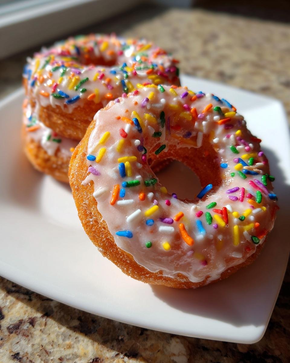 Close-up of a stack of Vegan Vanilla Donuts With Sprinkles, featuring a thick vanilla glaze and colorful rainbow sprinkles.