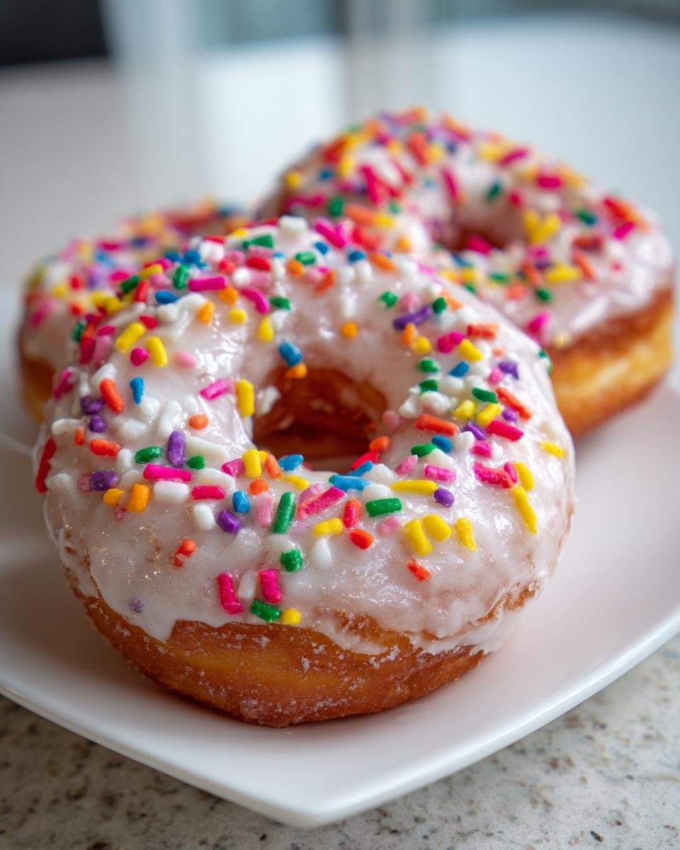 A close-up of three delicious Vegan Vanilla Donuts With Sprinkles piled on a white plate.